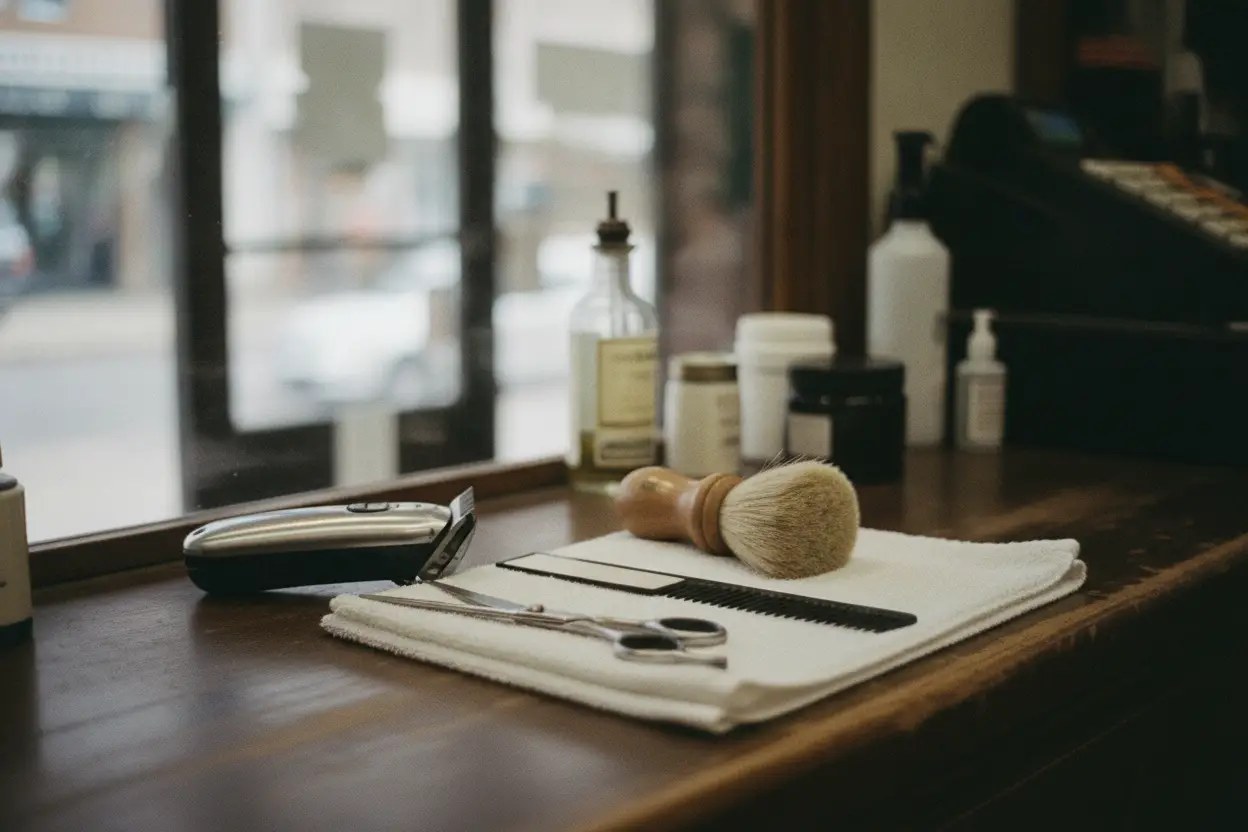Clippers, scissors and combs laid out on the barber's counter